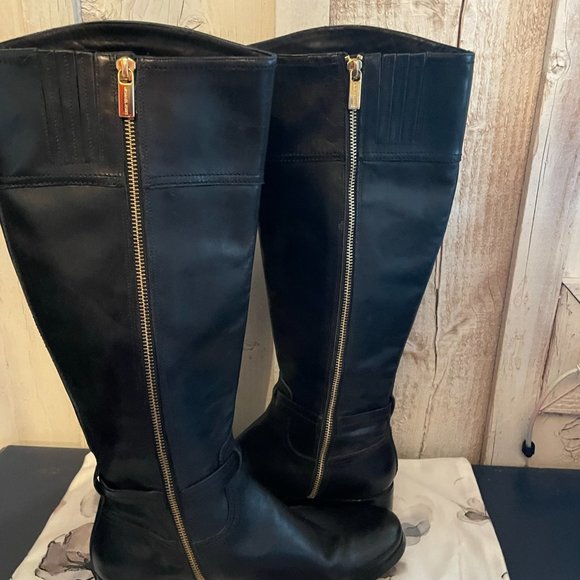 Michael Kors Black Leather tall (below the knee) Gold Accent boots Women size 9 - Picture 2 of 4